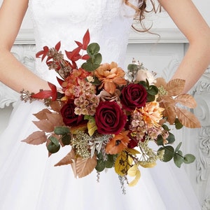 Faux boho bouquet with burgundy and rust orange flowers and eucalyptus, bridesmaids bouquet, terracotta fake bouquet,  boho wedding bouquet