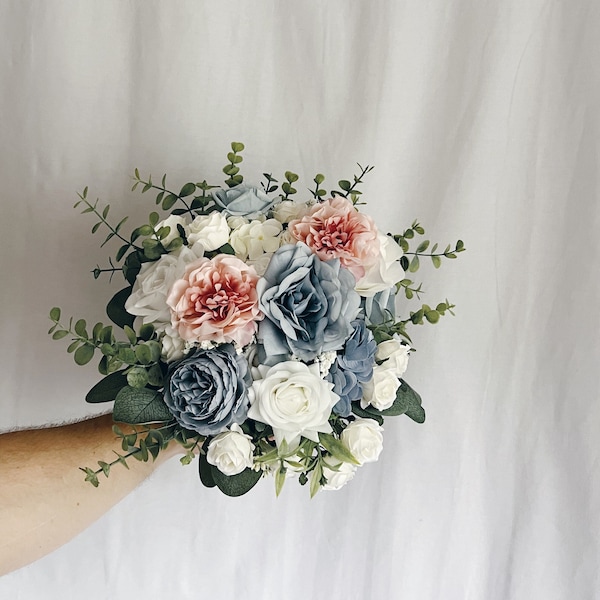 Bridal bouquet with dusty rose and dusty blue flowers, blue bouquet, dusty pink and blue bouquet, silk wedding bouquet, faux bridal bouquet