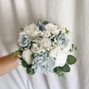 Faux bridal bouquet with sky blue, dusty blue flowers, blue bouquet, white and blue bouquet, silk wedding bouquet, faux bridal bouquet