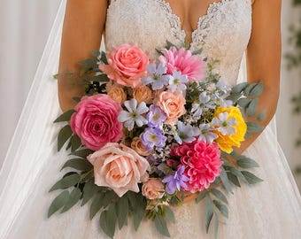 Veelkleurig bruidsboeket, kleurrijk boeket wilde bloemen, ranonkel, zomerbruiloft, nep roze blauw geel boeket, bruidsmeisje boeket set