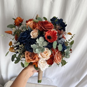 Wedding bouquet with navy blue, pale teal and rust orange flowers, bridesmaids bouquets, rust orange bouquets, fake terracotta bouquet, Faux