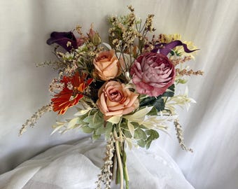 Fall Wedding Bouquet with Artificial and Dried Flowers, Rustic Fall Bridal Bouquet, Terracotta, Mauve, Burgundy Bouquet, Silk Bridal Bouquet