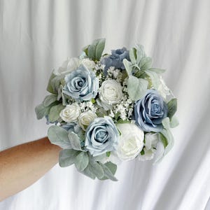 Dusty blue bridal bouquet with faux flowers, blue bouquets, white and blue bouquet, silk wedding bouquet, faux bridal bouquet, lamb ear bouq