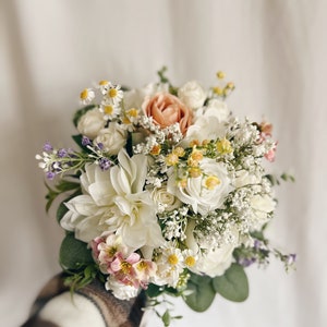 Faux bridal bouquet with colorful flowers, white bouquets, colorful bridal bouquet, summer fake bouquet, spring bouquet, white boutonniere