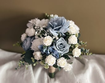 Faux bridal bouquet with white and dusty blue flowers, blue bouquets, white bridal bouquet, white fake bouquet, white and green bouquet,