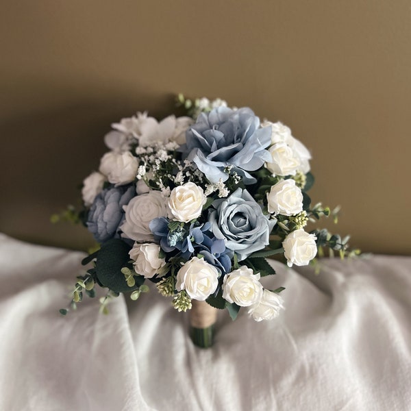 Faux bridal bouquet with white and dusty blue flowers, blue bouquets, white bridal bouquet, white fake bouquet, white and green bouquet,