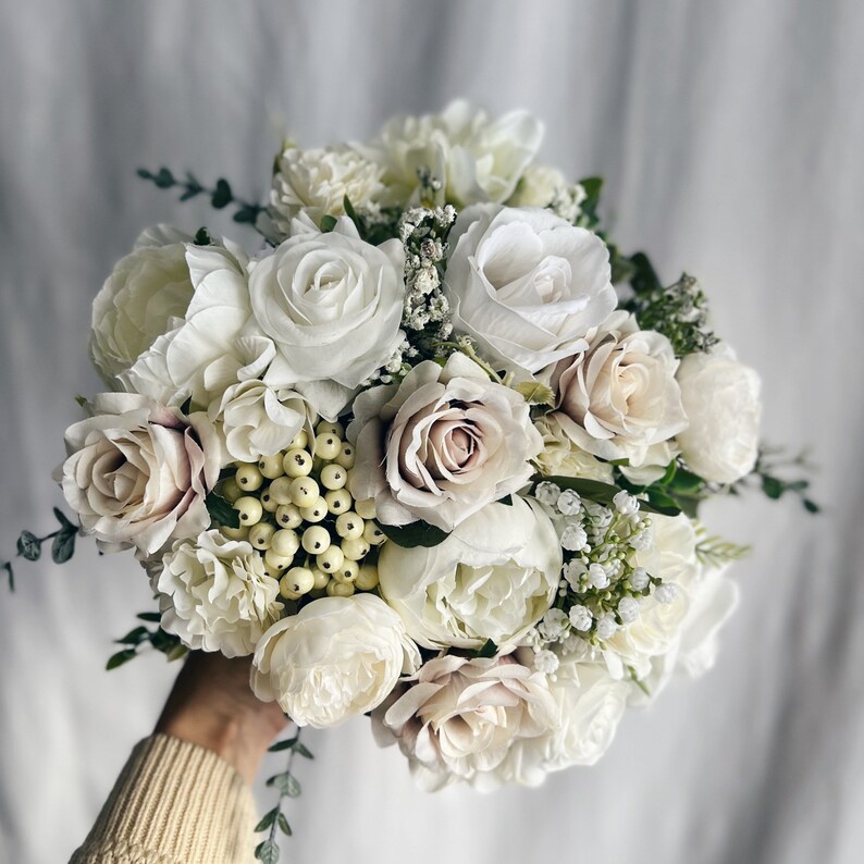 Faux Bridal Bouquet With White Flowers and Berries Bridesmaid Etsy