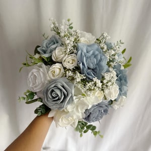 Dusty blue bridal bouquet with faux flowers, blue bouquets, white and blue bouquet, silk wedding bouquet, faux bridal bouquet
