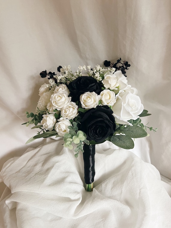 White and black bridal bouquet with white and black faux flowers white bouquets white bridal bouquet white fake bouquet black