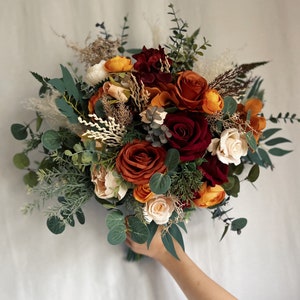 Bridal bouquet with burgundy and rust orange flowers, burgundy and terracotta bridesmaids bouquet, terracotta fake bouquet, silk bouquets image 2