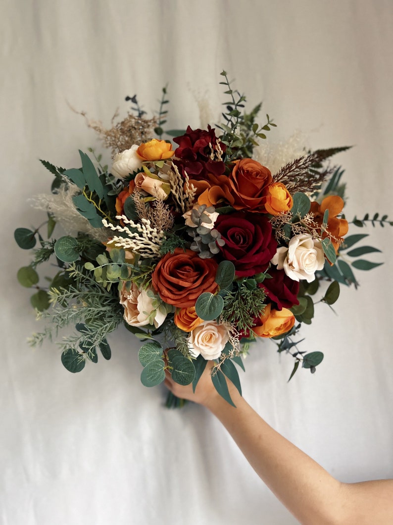 Bridal bouquet with burgundy and rust orange flowers, burgundy and terracotta bridesmaids bouquet, terracotta fake bouquet, silk bouquets image 2