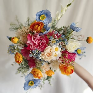 New Colorful Bouquets with orange, hot pink and blue faux flowers , colorful bridal bouquets, wedding bouquet, faux bouquets, silk bouquets