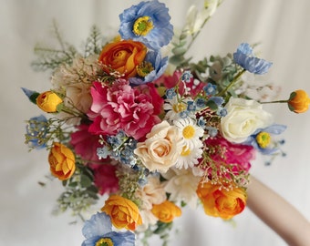 New Fall Bouquets with orange, hot pink and blue faux flowers , colorful bridal bouquets, wedding bouquet, faux bouquets, silk bouquets