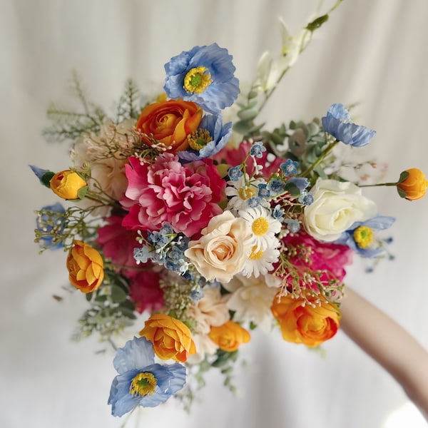 New Fall Bouquets with orange, hot pink and blue faux flowers , colorful bridal bouquets, wedding bouquet, faux bouquets, silk bouquets