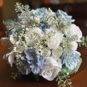 Faux bridal bouquet with dusty blue flowers, blue bouquet, white and blue bouquet, silk wedding bouquet, faux bridal bouquet