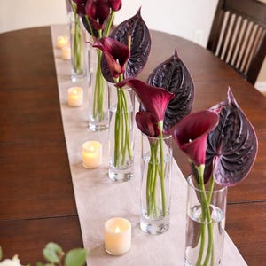 Burgundy Calla Lily Centerpiece Set, Tall Vase Wedding Centerpieces, Dark Red Wedding Table Decor, Modern Minimalist Reception Flowers
