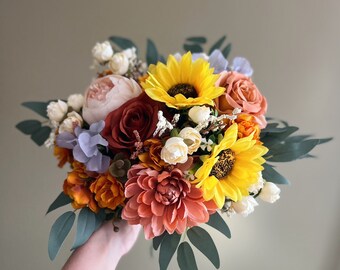 Bridal bouquet with burnt orange and sunflowers, faux bouquets, rust orange bouquets, fake terracotta bouquet, Wedding bouquet,