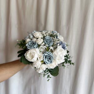 Faux bridal bouquet with sky blue, dusty blue flowers, blue bouquet, white and blue bouquet, silk wedding bouquet, faux bridal bouquet