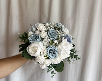 25 Rose Artificiali In Schiuma D-Seven – Bianche, Grigio Argento E Blu Reale, Con Stelo, Per Bouquet E Decorazioni