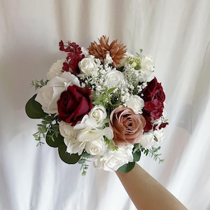 Faux bridal bouquet with burgundy and dusty rose flowers, red bouquets, wine bridal bouquet, white and red fake bouquet,  red bouquets