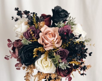 Moody Bridal bouquet with burgundy, black and white faux flowers, burgundy and black bridesmaids bouquet, black gold bouquet, faux bouquets