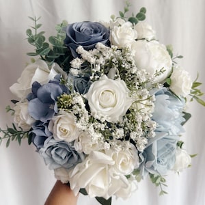 Faux bridal bouquet with dusty blue flowers, blue bouquet, white and blue bouquet, silk wedding bouquet, faux bridal bouquet