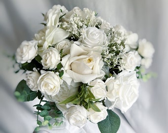 Faux bridal bouquet with white flowers, white bouquets, white bridal bouquet, white fake bouquet, white and green bouquet, white boutonniere