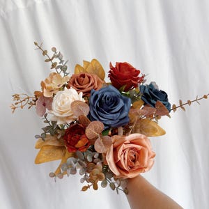 Petit Wedding bouquet with navy blue and rust orange flowers, bridesmaids bouquets, rust orange bouquets, fake terracotta bouquet, Faux