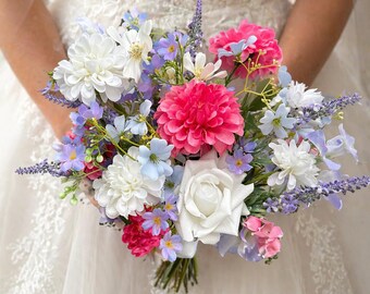 Ramo de novia de flores silvestres de seda, flores coloridas para bodas, ramo azul, rosa y lila