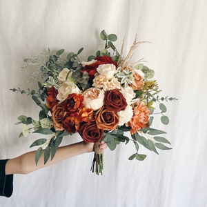 Faux bridal bouquet with rust orange flowers and eucalyptus, bridesmaids bouquet, terracotta fake bouquet, brown and green bouquet,