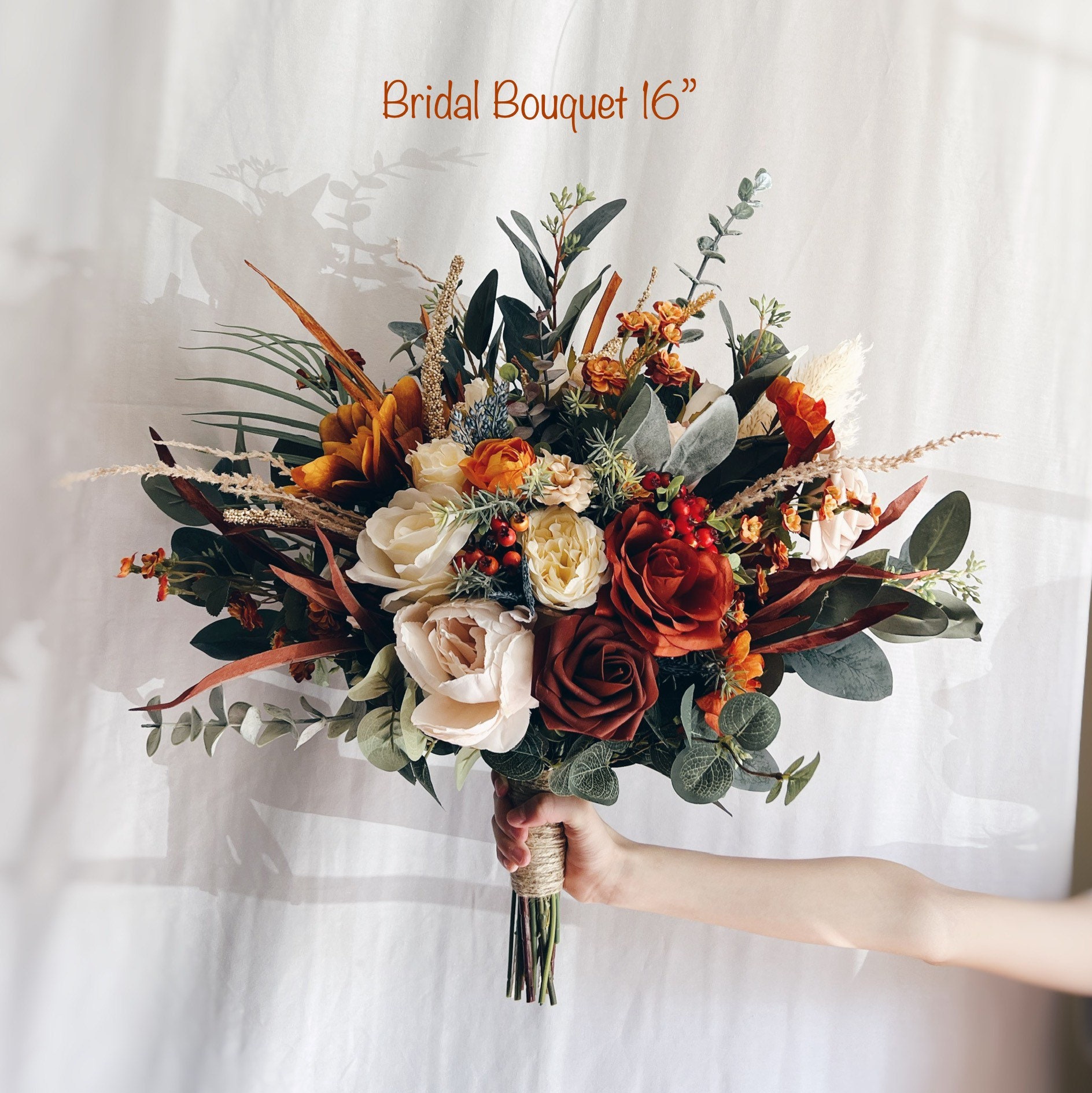 Faux Boho Bouquet With Rust Orange Flowers and Eucalyptus - Etsy