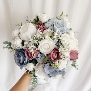 Faux bridal bouquet with dusty blue and dusty rose flowers, blue bouquet, mauve and blue bouquet, silk wedding bouquet, faux bridal bouquet
