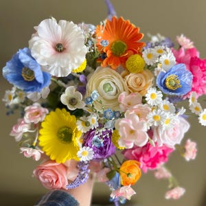 Bright Bouquets with wild flowers, colorful bridal bouquets, silk bridal bouquet, purple, yellow, blue and pink bouquet, bright bouquets