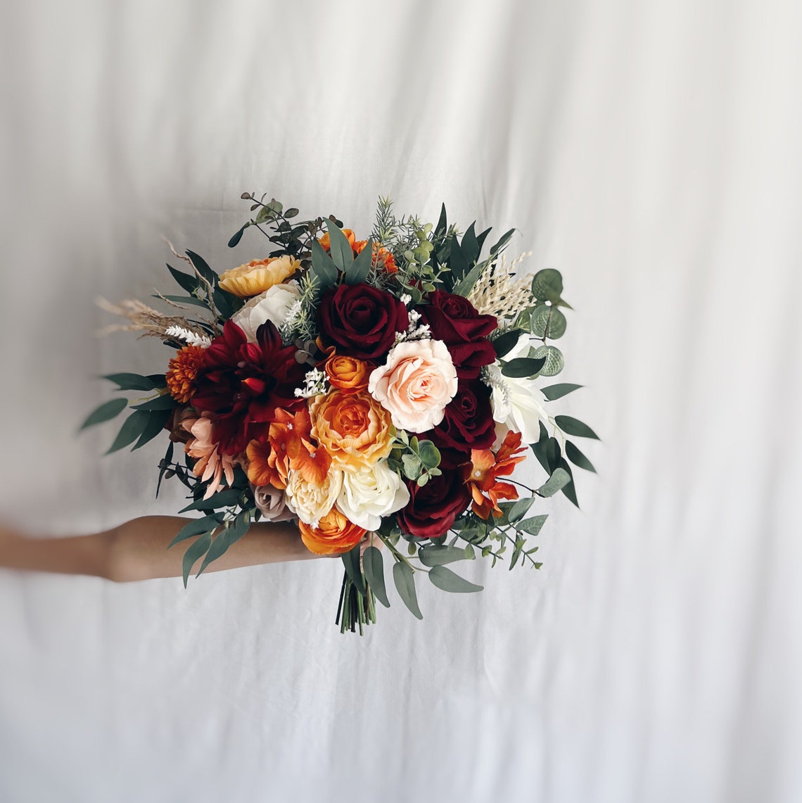 Bridal bouquet with burgundy and rust orange flowers burgundy Bridal Bouquet 16”