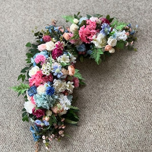 Colorful Arch Arrangements With Faux Flowers, Summer Wedding Arrangements, wild flowers arbor arrangements, meadow arch decor, wedding swag