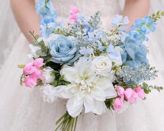 Blue and pink wedding bouquet, Spring Summer wedding bouquet with dusty blue and sky blue flowers, blue wedding bouquet, blue bouquet
