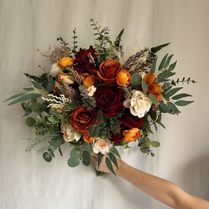 Bridal bouquet with burgundy and rust orange flowers, burgundy and terracotta bridesmaids bouquet, terracotta fake bouquet, silk bouquets image 8