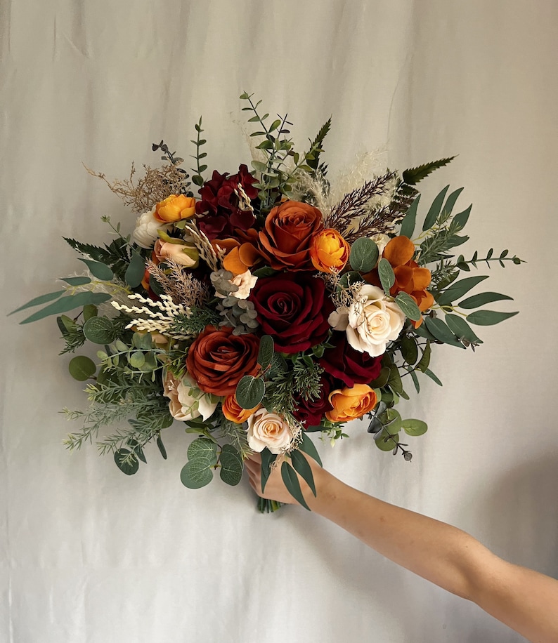 Bridal bouquet with burgundy and rust orange flowers, burgundy and terracotta bridesmaids bouquet, terracotta fake bouquet, silk bouquets image 8