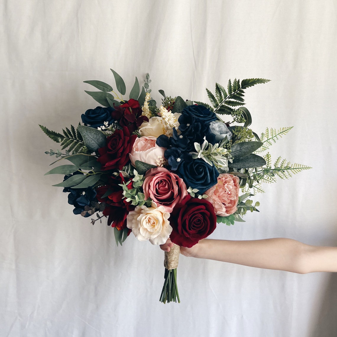 Bridal bouquet with burgundy and navy blue flowers image 1