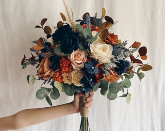 Wedding bouquet with navy blue and rust orange flowers, bridesmaids bouquets, rust orange bouquets, fake terracotta bouquet, Faux bouquet