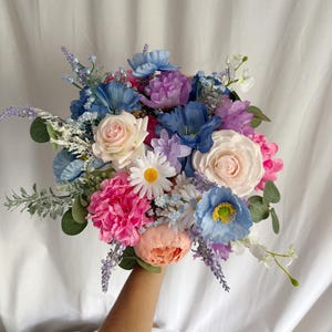 Colorful Wedding Bouquets with wild flowers and ranunculus, lilac and blue bridal bouquets, silk bridal bouquet, blue and pink bouquet