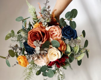 Wedding bouquet with navy blue, peach and rust orange flowers, bridesmaids bouquets, rust orange bouquets, fake terracotta bouquet, wedding