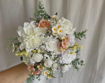 Faux bridal bouquet with colorful flowers, white bouquets, colorful bridal bouquet, summer fake bouquet, spring bouquet, white boutonniere