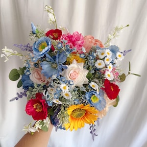 Summer Bouquets with wild flowers, sunflowers colorful bridal bouquets, silk bridal bouquet, red and blue and pink bouquet, bright bouquets