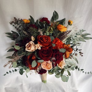 Bridal bouquet with burgundy, red and rust orange flowers, burgundy and terracotta bridesmaids bouquet, burgundy fake bouquet, silk bouquets