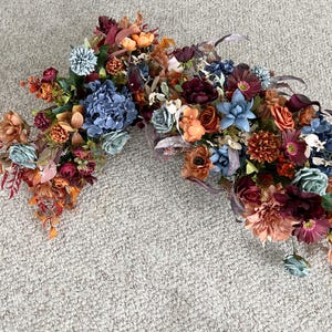 Wedding Arch Arrangements With Slate Blue, Navy Blue, Burgundy and Rust Orange faux flowers,  wedding arbor arrangements,