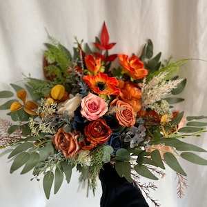 Bridal bouquet with navy blue, burnt orange, peach and burgundy faux flowers, boho bouquet with orange poppy flowers red wedding bouquet