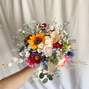 Summer Bouquets with wild flowers, sunflowers colorful bridal bouquets, silk bridal bouquet, red and blue and pink bouquet, bright bouquets