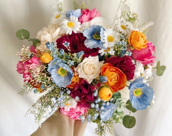 Vibrant Bridal bouquet with orange, blue and hot pink flowers, wildflowers bouquets, bridesmaids bouquet, colorful bouquet, sumner bouquets