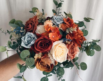Fall Bridal Bouquet, Rust Orange and Dusty Blue wedding bouquet, terracotta bridesmaids bouquets, rust bouquets, fake terracotta bouquet